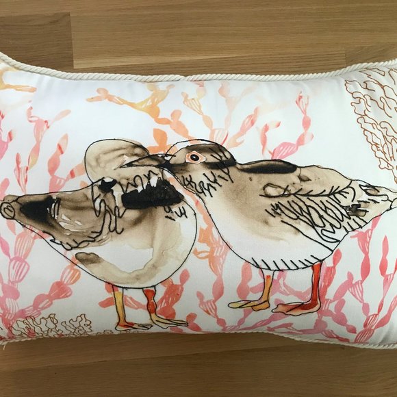Anthropologie Large Throw Pillow Galapagos Kissing Seagulls Cotton Cover
